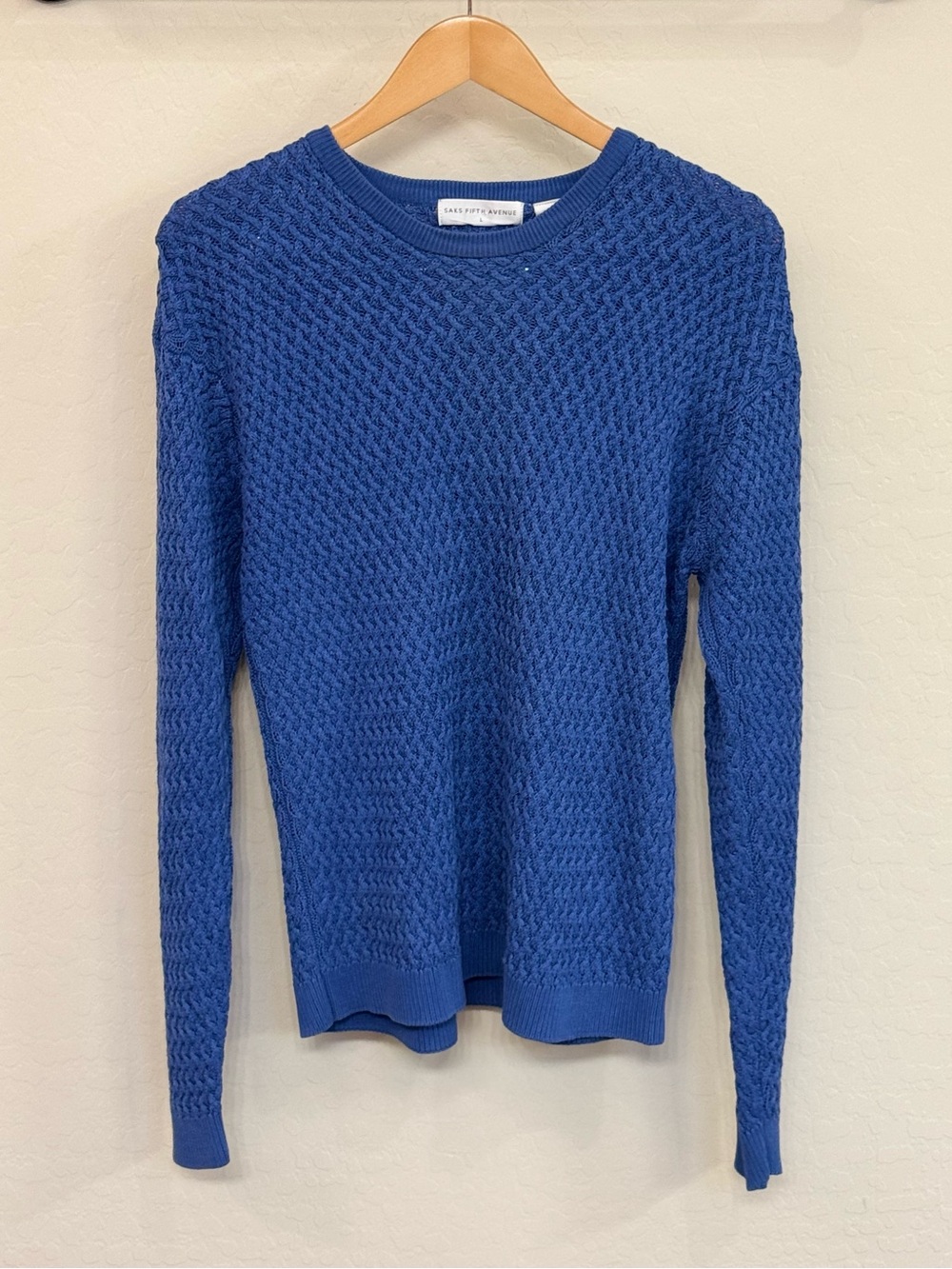 Saks Fifth Avenue Blue 100% Silk Textured Basketweave Knit Crewneck Sweater L